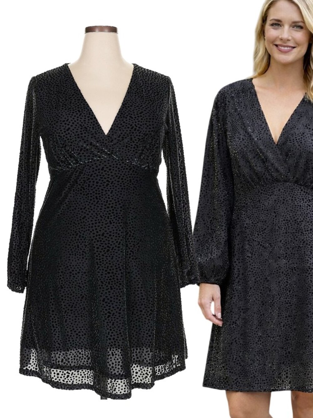 Black Velvet Polka Dot Fit & Flare Dress XXL Long Sleeve Cocktail
